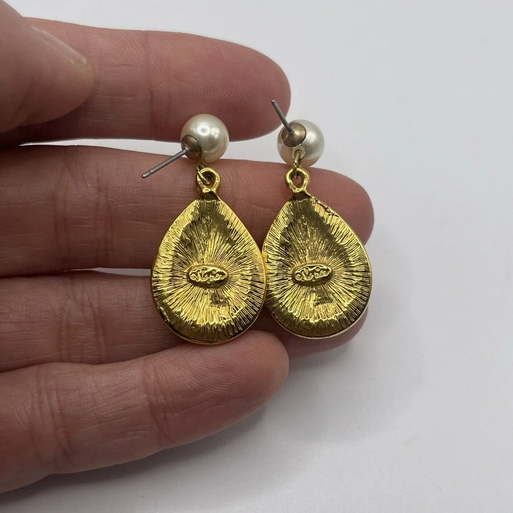 Vintage NAPIER Rhinestone  & Faux Pearl Dangle Drop Gold Tone‎ Post Earrings